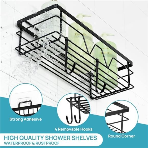 5 Pack Shower Caddy Shelves Organizer with 4 Hooks, Self Adhesive Rack Storage - Picture 4 of 8